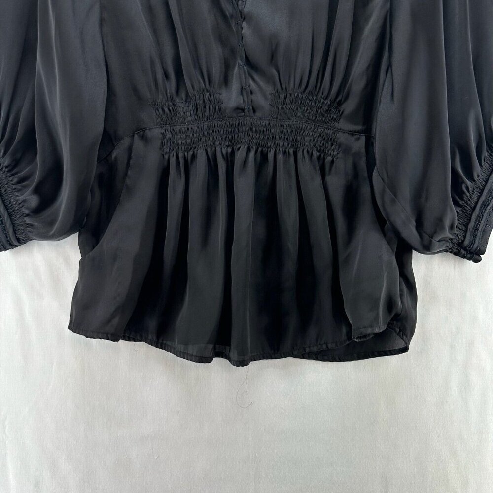Renee C. Top Womens Size M Smocked Popover Blouse Lace Trim Balloon Sleeve Black - Picture 4 of 11